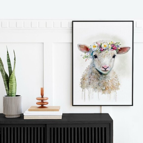 20x30 Baby Lamb Wearing Floral Crown Portrait Watercolor Oil Painting Poster - Picture 4 of 7